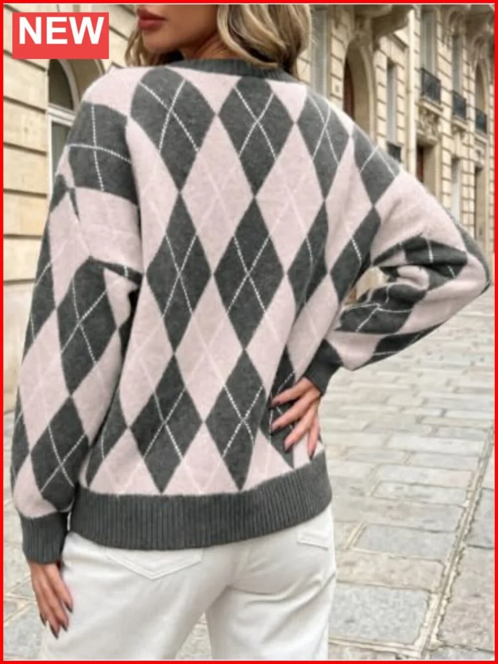 Oversized Argyle Plaid Knit Pullover Sweater Long Sleeve Crew Neck